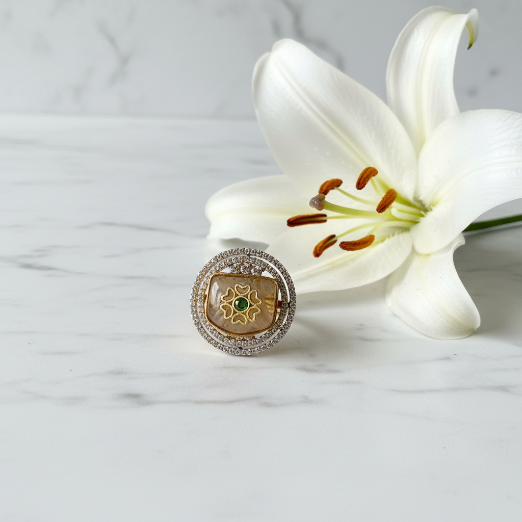Ring with beige stone and lily