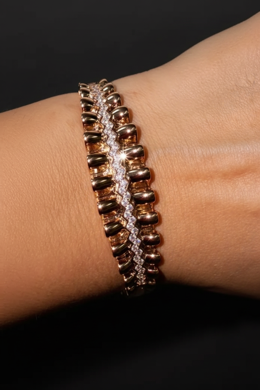 Rose gold tennis bracelet on model