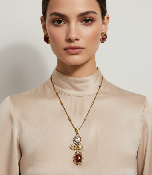 Ruby and crystal jewelry set on model