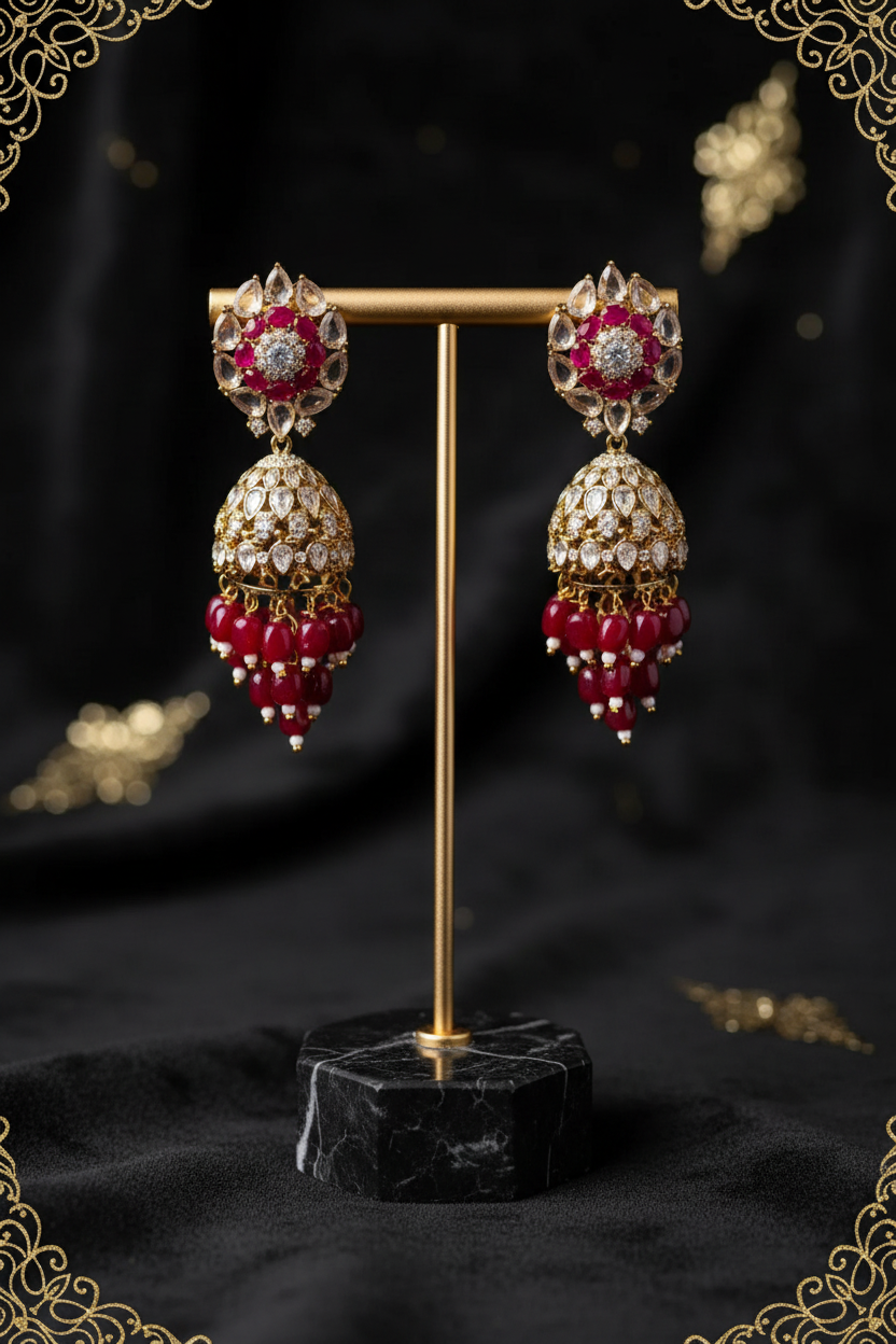 Ruby and diamond chandelier earrings on jewelry stand