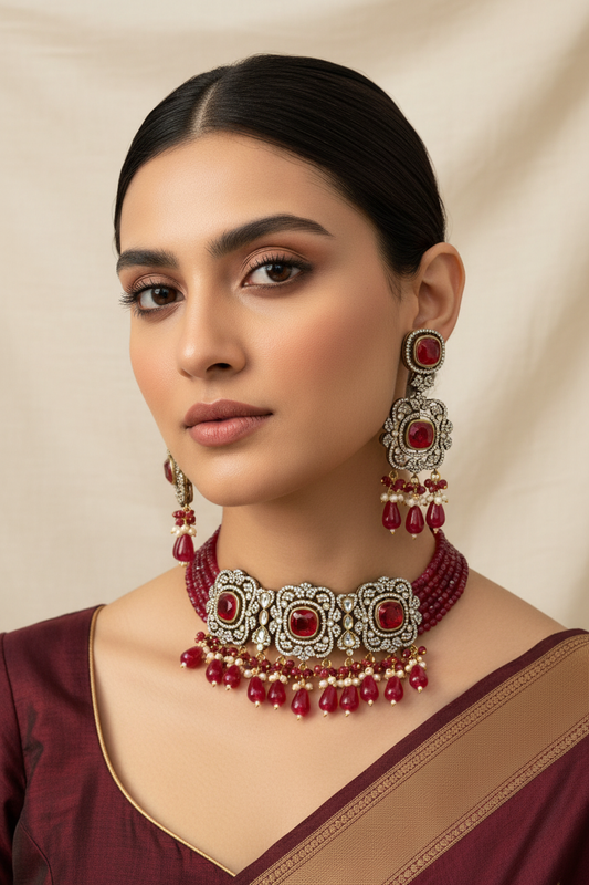 Ruby choker set on Indian model