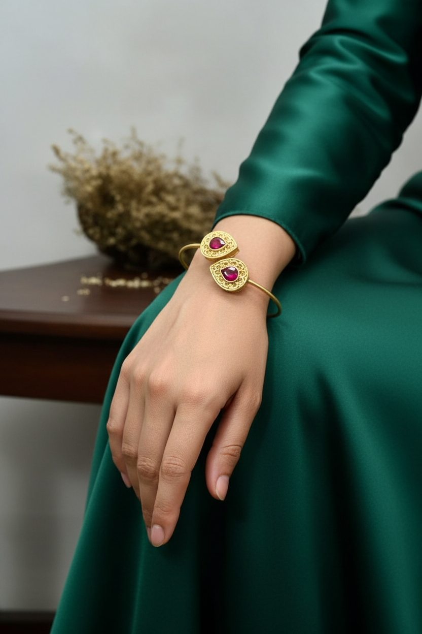 Ruby Gold Cuff Bracelet on Model