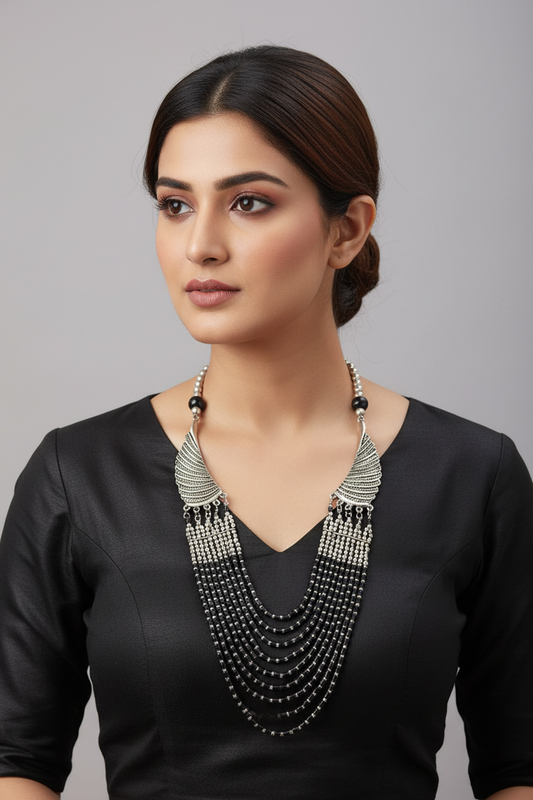 Silver and Black Statement Necklace on Model