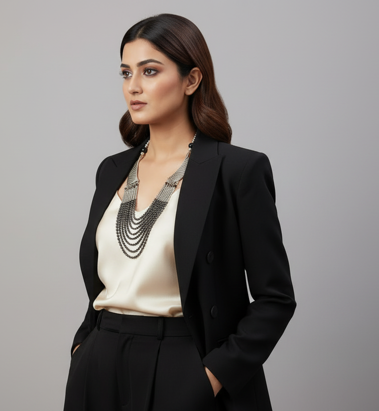 Silver and Black Statement Necklace with Black Maxi Dress