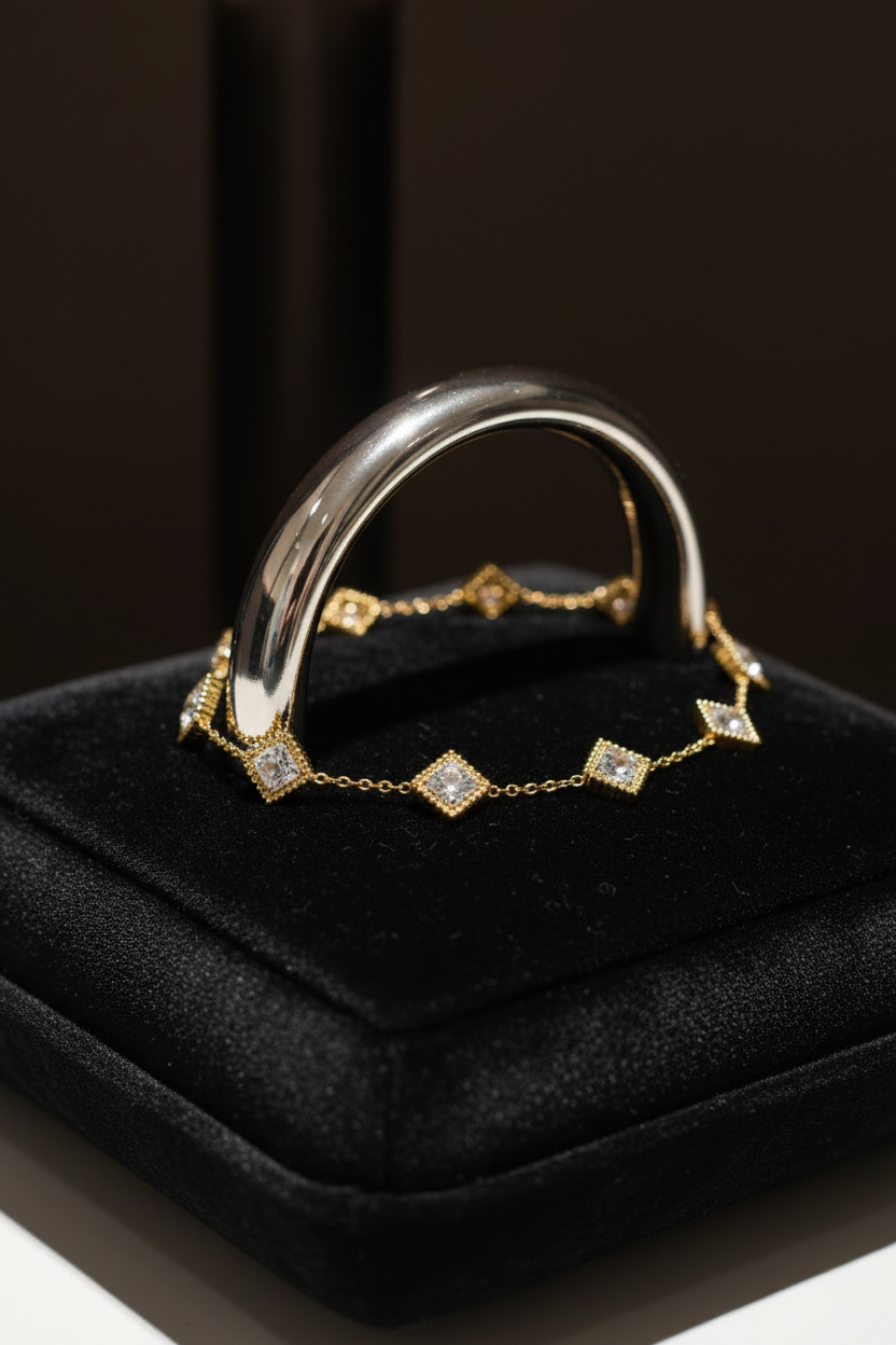 Square charm anklet on curved stand display