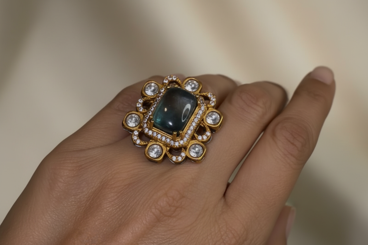 Vintage Blue Stone Cocktail Ring on Model Hand