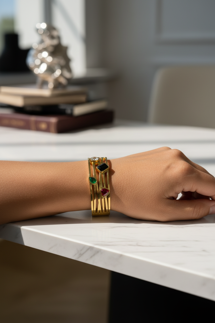 Your wrist wearing gold multi-band cuff with gemstones - elegant setting